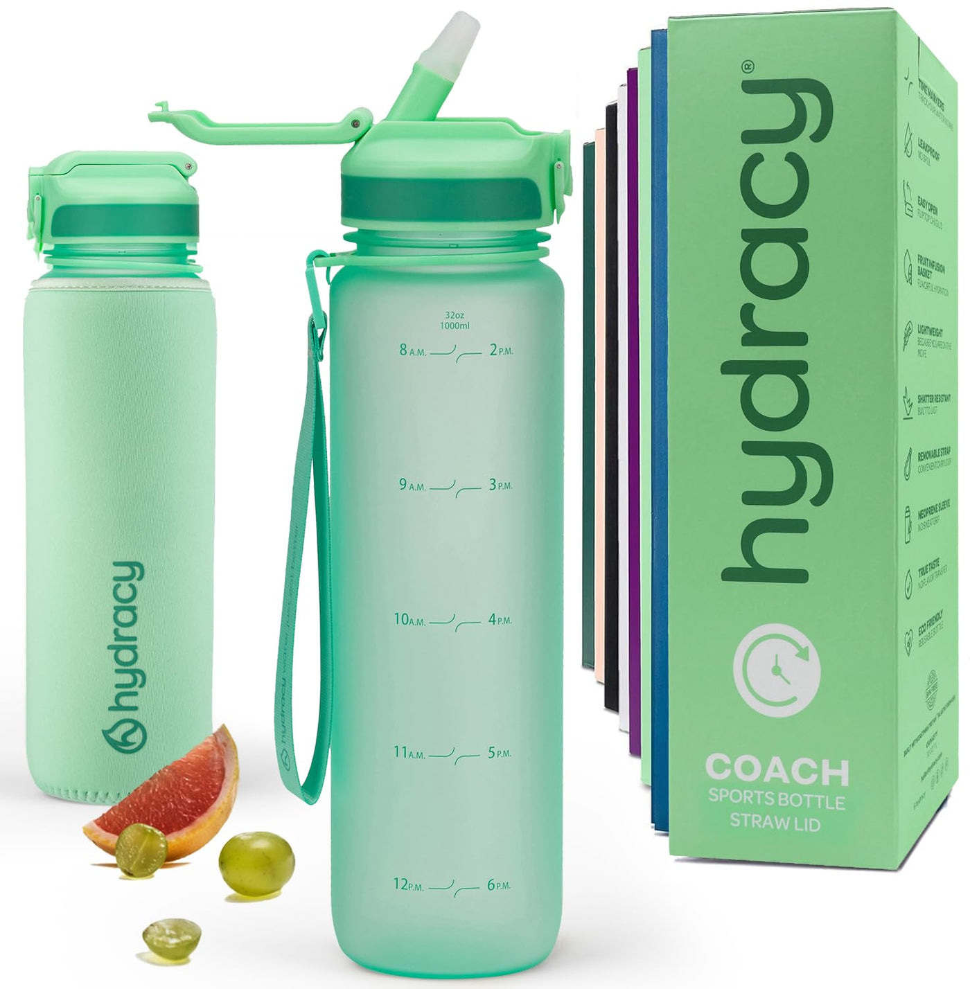 Hydracy Water Bottle with Time Marker -Large BPA Free Water Bottle & No Sweat Sleeve -Leak Proof Gym Bottle with Times to Drink - Ideal for Fitness Sports & Outdoors