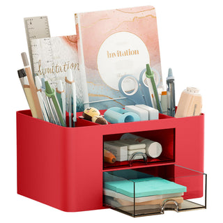 Marbrasse Pen Organizer with 2 Drawer, Multi-Functional Pencil Holder for Desk, Desk Organizers and Accessories with 5 Compartments + Drawer for Office Art Supplies (White)