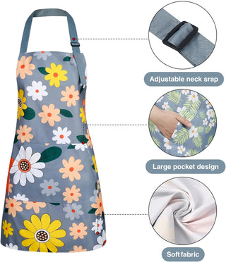BOUMUSOE 3 Pack Floral Aprons with Pocket, Blooming Womens Aprons Waterproof Adjustable Cooking Apron for Kitchen Gardening