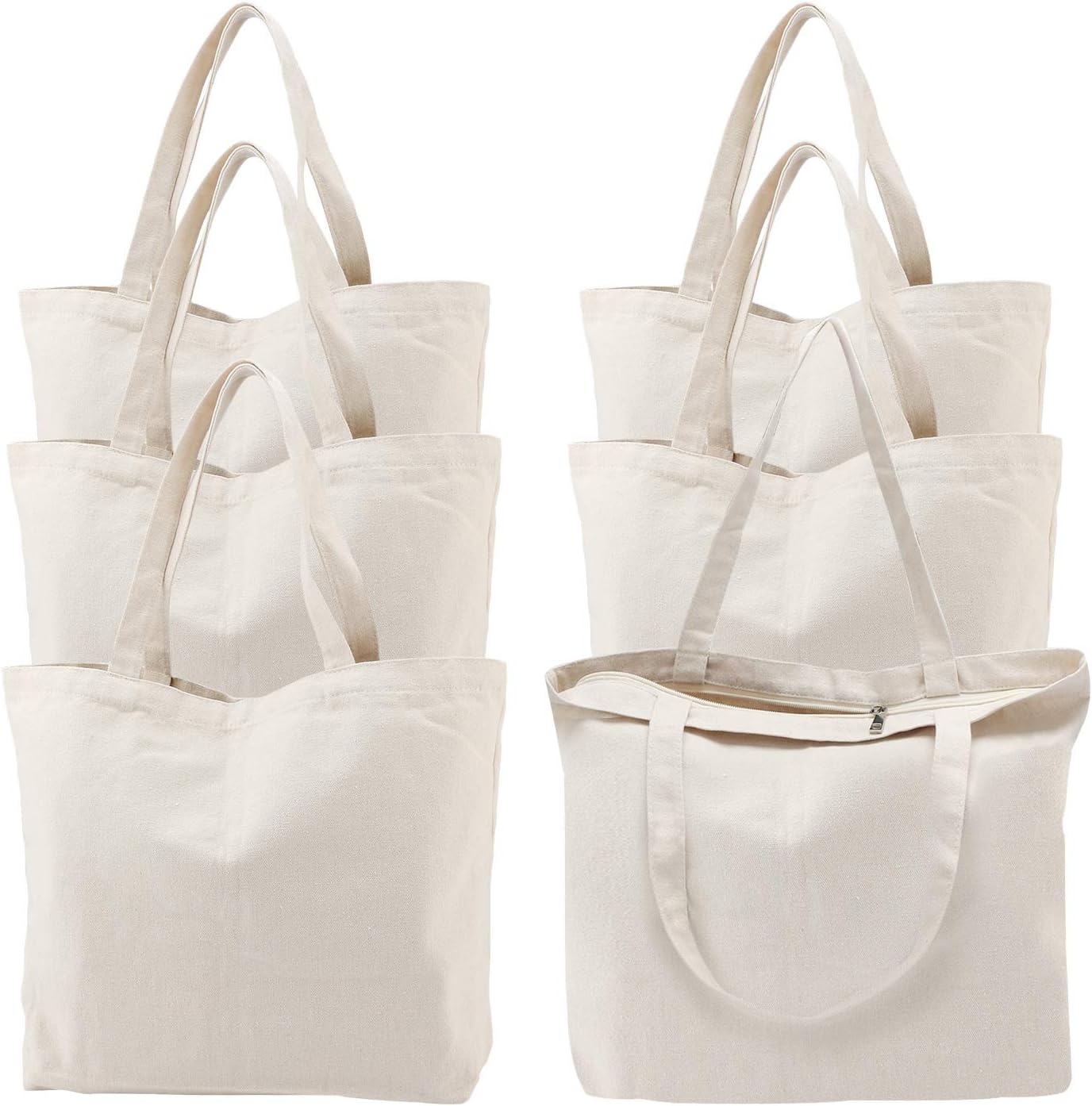 Segarty 6 Packs Canvas Tote Bag with Zipper, 16x13 inch Reusable Washable Grocery Shopping Bags with Handle Plain Canvas Totes for Women Teacher DIY Art Crafts Painting Embroidery Decoration