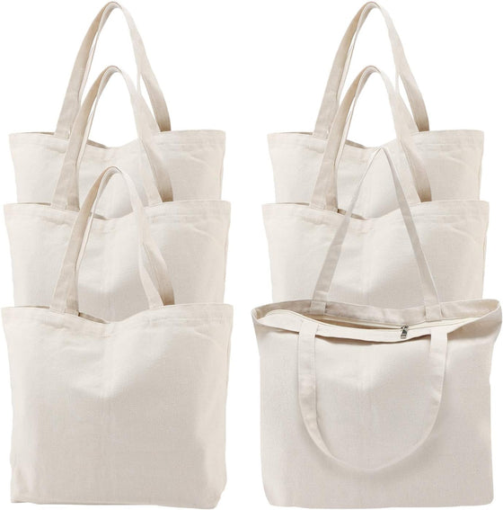 Segarty 6 Packs Canvas Tote Bag with Zipper, 16x13 inch Reusable Washable Grocery Shopping Bags with Handle Plain Canvas Totes for Women Teacher DIY Art Crafts Painting Embroidery Decoration