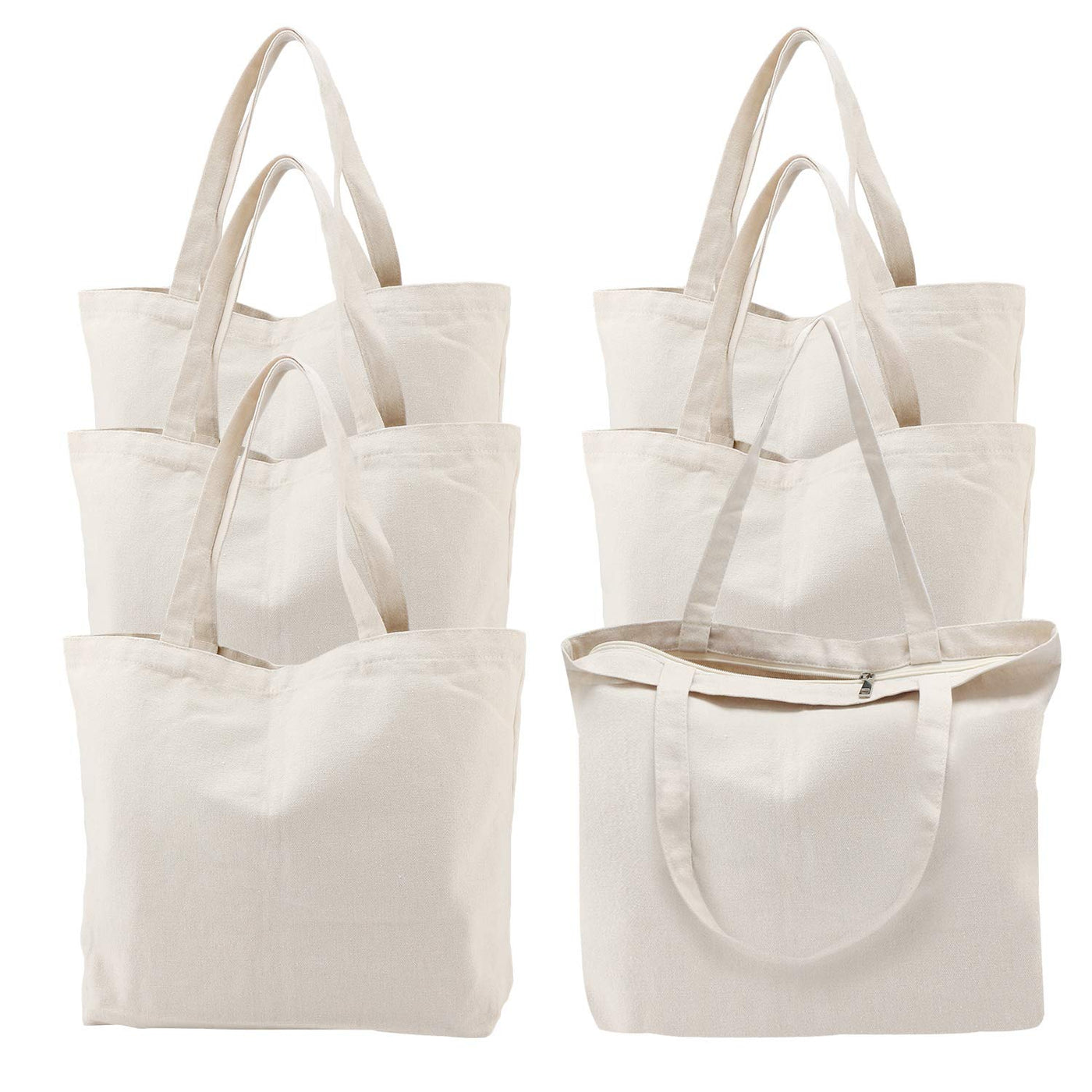 Segarty 6 Packs Canvas Tote Bag with Zipper, 16x13 inch Reusable Washable Grocery Shopping Bags with Handle Plain Canvas Totes for Women Teacher DIY Art Crafts Painting Embroidery Decoration