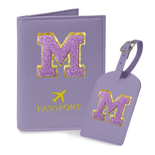 COSHAYSOO Purple Passport Cover Holder and Initial Luggage Tag Set TSA Approved with Personalized Monogram Chenille Letter Patch for Women Teen Girls, Cute Travel Bag Suitcase Identifier (A)