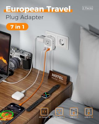 TESSAN 2 Pack European Travel Plug Adapter, Europe Power Converter 4 Outlets 3 USB(1 USB C PD 20W), Type C International Adaptor to Italy Spain France Portugal Iceland Germany, EU Travel Essentials
