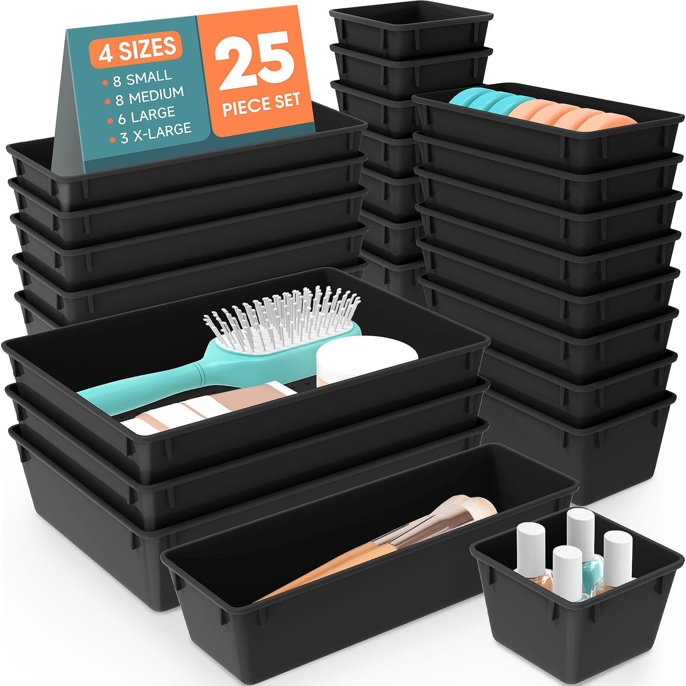 WOWBOX 25 PCS Clear Plastic Drawer Organizer Set, 4 Sizes Desk Drawer Divider Organizers and Storage Bins for Makeup, Jewelry, Gadgets for Kitchen, Bedroom, Bathroom, Office