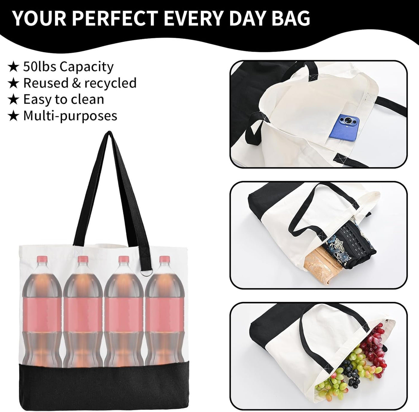 12 Pack Canvas Tote Bags with Zipper, HWJH Blank Reusable Grocery Bags, Widened Washable Bag with Inner Pocket, Shopping Travel Large Tote Bag for DIY Heat Transfer, Christmas Craft Gift (Black/White)