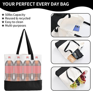 12 Pack Canvas Tote Bags with Zipper, HWJH Blank Reusable Grocery Bags, Widened Washable Bag with Inner Pocket, Shopping Travel Large Tote Bag for DIY Heat Transfer, Christmas Craft Gift (Black/White)