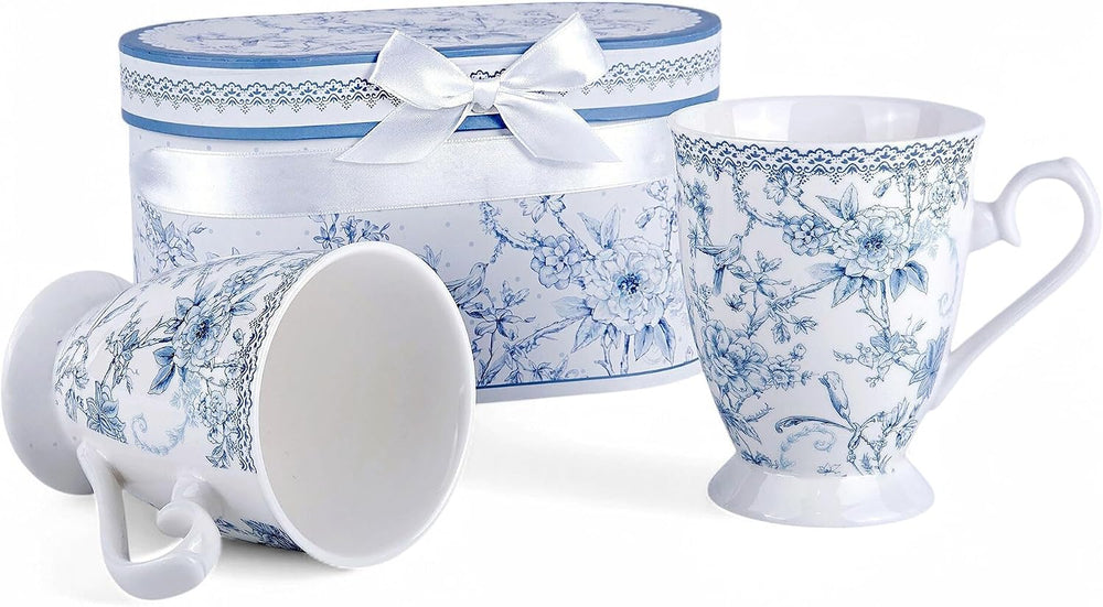 STP GOODS Blue Flowers Bone China Tea/Coffee Mug Set of 2 in Gift Box