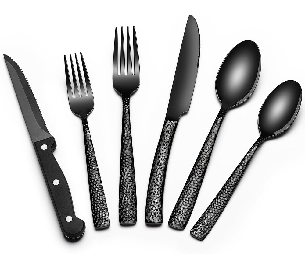 EWFEN 24-Piece Black Silverware Set with Steak Knives, Black Flatware Set for 4, Food-Grade Stainless Steel Tableware Cutlery Set, Mirror Finished Utensil Sets for Home Restaurant, Round Edge