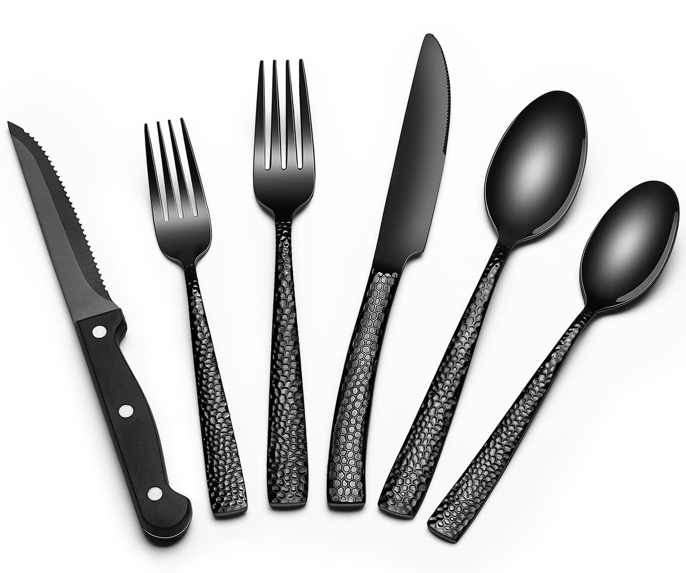 EWFEN 24-Piece Black Silverware Set with Steak Knives, Black Flatware Set for 4, Food-Grade Stainless Steel Tableware Cutlery Set, Mirror Finished Utensil Sets for Home Restaurant, Round Edge