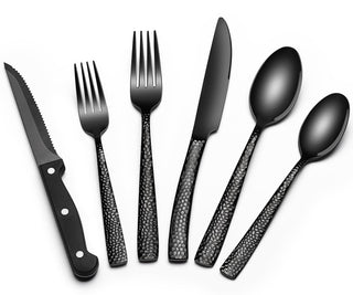 EWFEN 24-Piece Black Silverware Set with Steak Knives, Black Flatware Set for 4, Food-Grade Stainless Steel Tableware Cutlery Set, Mirror Finished Utensil Sets for Home Restaurant, Round Edge