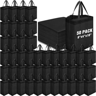 Windyun 50 Pcs Reusable Tote Bag Bulk 8 x 4 x 10 Inch Non Woven Shopping Bag with Handle Reusable Portable Grocery Gift Tote (Black)