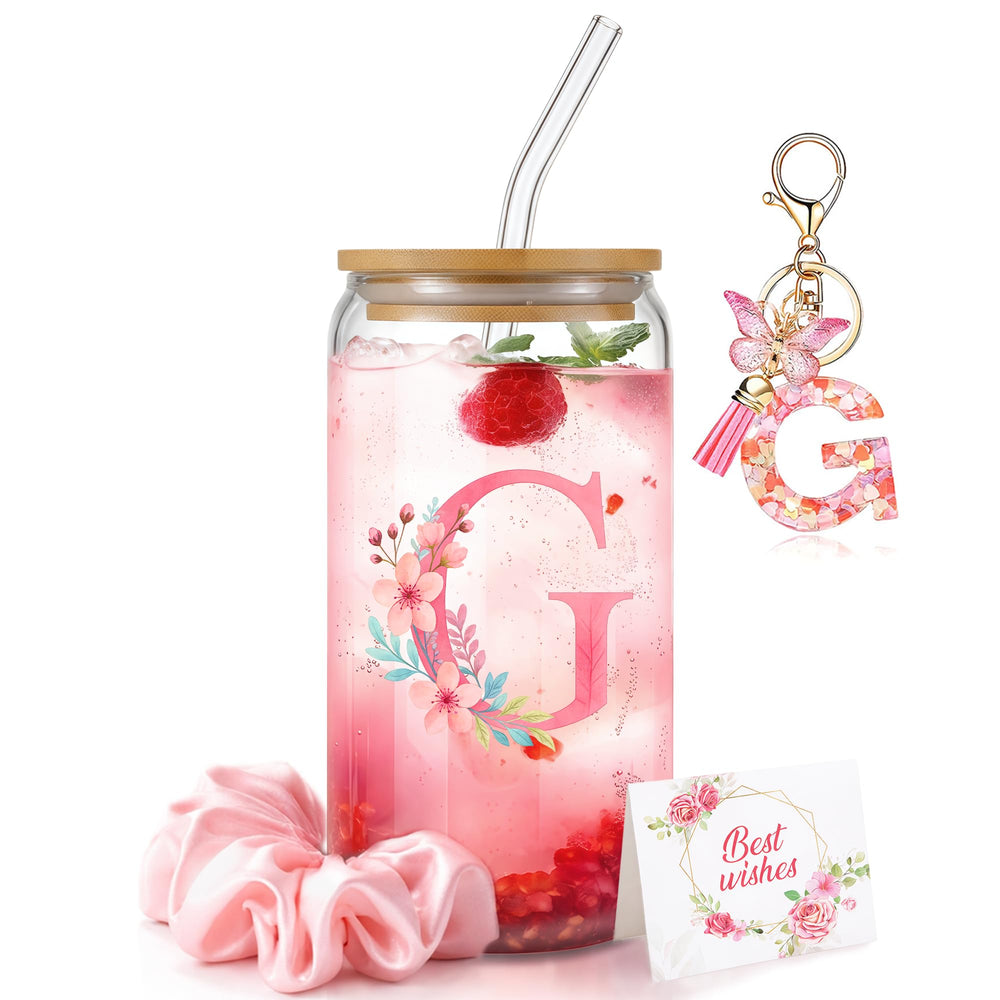 Personalized Initial Glass Cup Gift Set for Women, Custom Monogram Cup with Lid and Straw, Matching Keychain & Card, Bridesmaid or Birthday Gift for Women Friend Sister (Letter S)