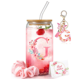 Personalized Initial Glass Cup Gift Set for Women, Custom Monogram Cup with Lid and Straw, Matching Keychain & Card, Bridesmaid or Birthday Gift for Women Friend Sister (Letter S)