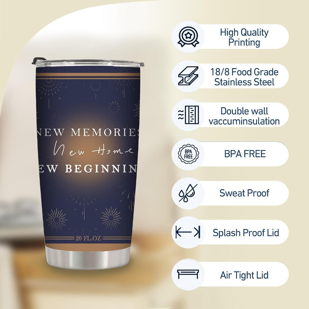 New Home New Beginning Memories,Home Housewarming Gift Ideals for Women Couples Newlyweds Friend,20 Oz Insulated Stainless Steel Iced Coffee Tumbler,Funny Travel Coffee Mug Cup Water Bottle,1 Pcs