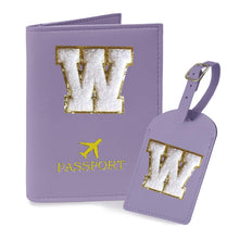 COSHAYSOO Purple Passport Cover Holder and Initial Luggage Tag Set TSA Approved with Personalized Monogram Chenille Letter Patch for Women Teen Girls, Cute Travel Bag Suitcase Identifier (A)