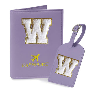 COSHAYSOO Purple Passport Cover Holder and Initial Luggage Tag Set TSA Approved with Personalized Monogram Chenille Letter Patch for Women Teen Girls, Cute Travel Bag Suitcase Identifier (A)