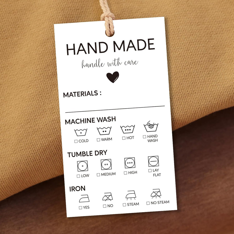 240pcs Handmade Care Instruction Tags 3.5x2in Material Washing Hang Card Hand Made Fabric Care Instructions Tag for Personalized Homemade Knitted Crochet Blanket Shirt Clothing Craft Items