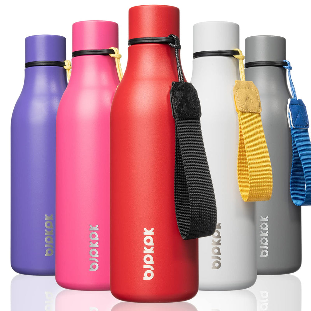 BJPKPK Insulated Water Bottles, 18 oz Stainless Steel Metal Water Bottle with Strap, BPA Free Leak Proof Jugs, Mugs, Flasks, Reusable Thermal Flasks for Sports & Travel, Orange