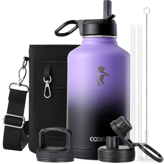 Water Bottle 40 oz Insulated with Straw&Brush, Coolflask Vaccum Stainless Steel Metal 3 Lids Water Flask for Sports, Gym or Office, Keep Cold 48H Hot 24H, Magic Black