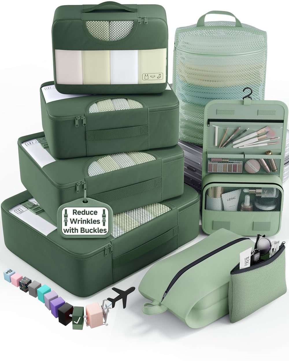 Veken 10 Set/8 Set Packing Cubes for Travel Essentials,Anti-Wrinkle Buckled Suitcase Organizer for Shoe & Toiletry Bag,Carry On Luggage Bag for Airplane & College Dorm Room Accessories,Women Men Gifts