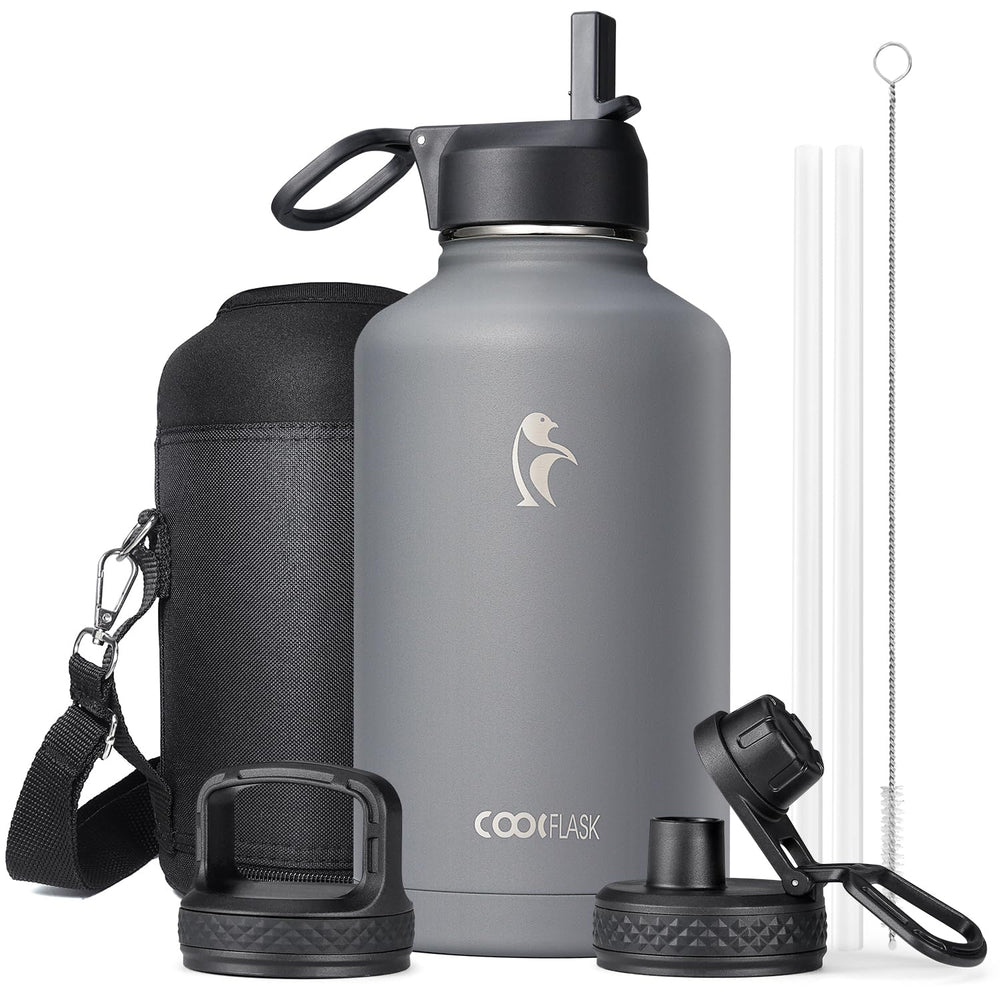Water Bottle 40 oz Insulated with Straw&Brush, Coolflask Vaccum Stainless Steel Metal 3 Lids Water Flask for Sports, Gym or Office, Keep Cold 48H Hot 24H, Magic Black