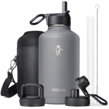 Water Bottle 40 oz Insulated with Straw&Brush, Coolflask Vaccum Stainless Steel Metal 3 Lids Water Flask for Sports, Gym or Office, Keep Cold 48H Hot 24H, Magic Black