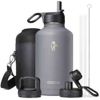 Water Bottle 40 oz Insulated with Straw&Brush, Coolflask Vaccum Stainless Steel Metal 3 Lids Water Flask for Sports, Gym or Office, Keep Cold 48H Hot 24H, Magic Black