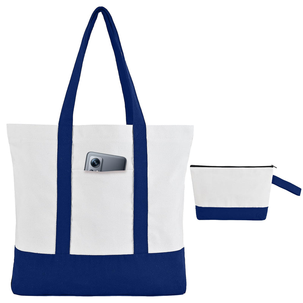 16 Pcs Canvas Tote Bags Bulk and Makeup Pouches Set, 12oz Cotton Reusable Zippered Grocery Bags with Handles, DIY Sublimation, Christmas Craft, Beach & Travel with External Pocket (Women & Men)