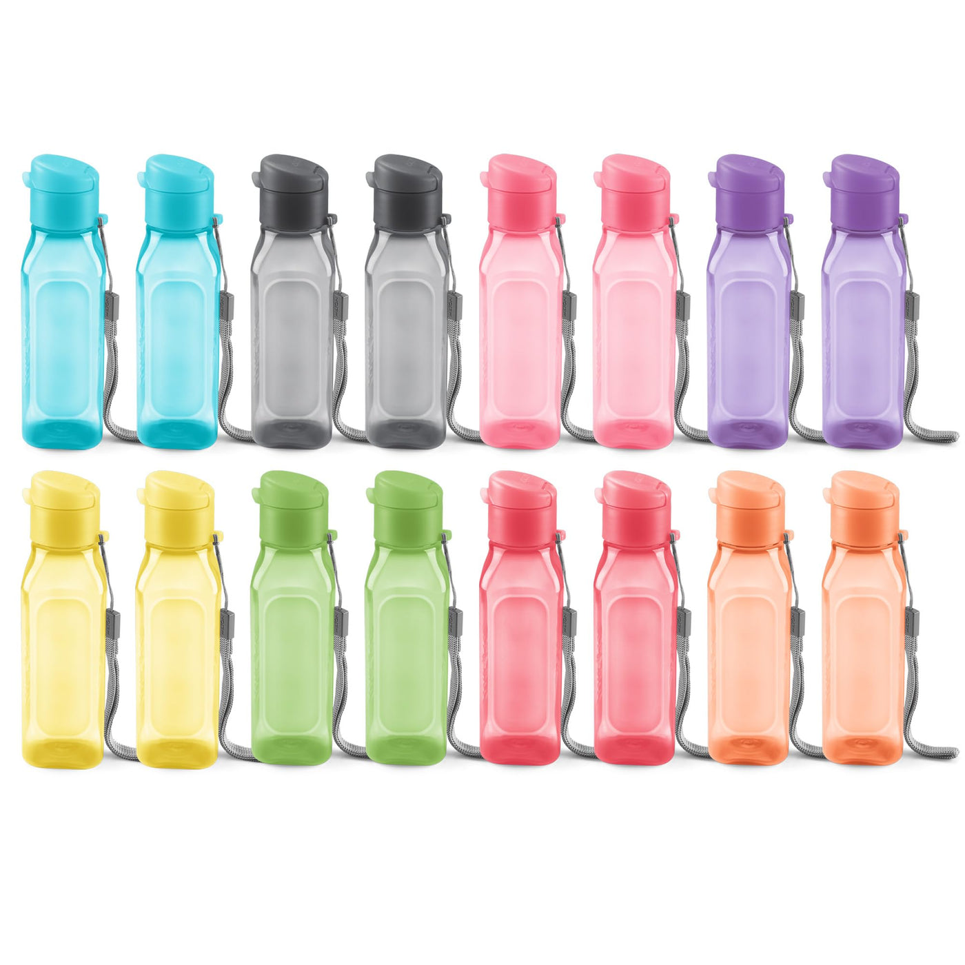 Bulk Set of 4 10oz Multicolor Water Bottles for Kids and Adults - Leak Proof With Carry Strap - Square Reusable for Juice, Drinks - BPA-Free Dishwasher-Safe