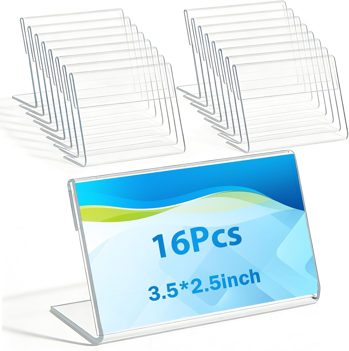 16 PCS 3.5 X 2.5 Inch Acrylic Business Card Holders,Clear Name Display Slant Back Sign Holders Card Stand Organizer for Desk Office Men Women,L Shaped Display Stand,Thickness 0.05inch