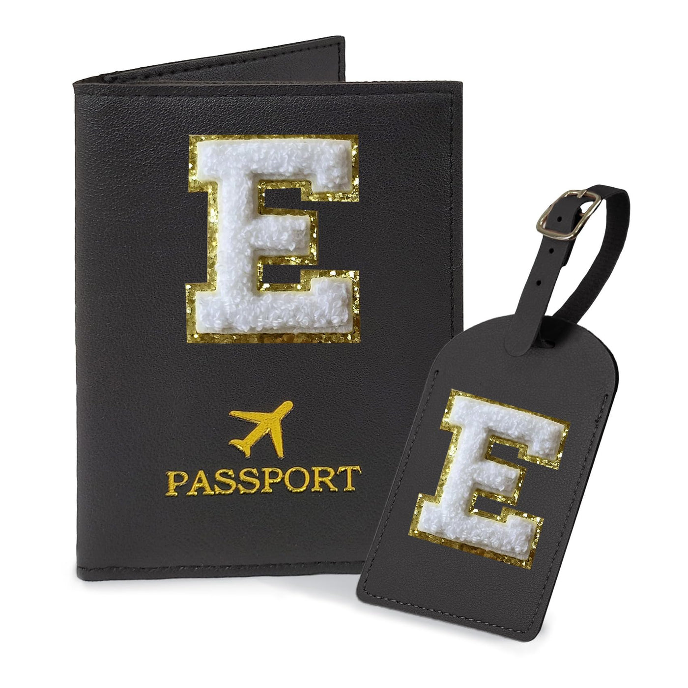 COSHAYSOO Purple Passport Cover Holder and Initial Luggage Tag Set TSA Approved with Personalized Monogram Chenille Letter Patch for Women Teen Girls, Cute Travel Bag Suitcase Identifier (A)