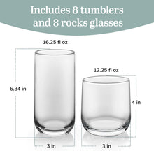 Libbey Ascent Tumbler and Rocks Drinking Glasses Set of 16, Glass Drinking Glasses with Curvature, Versatile Glassware Set for Parties and More