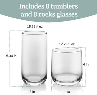 Libbey Ascent Tumbler and Rocks Drinking Glasses Set of 16, Glass Drinking Glasses with Curvature, Versatile Glassware Set for Parties and More