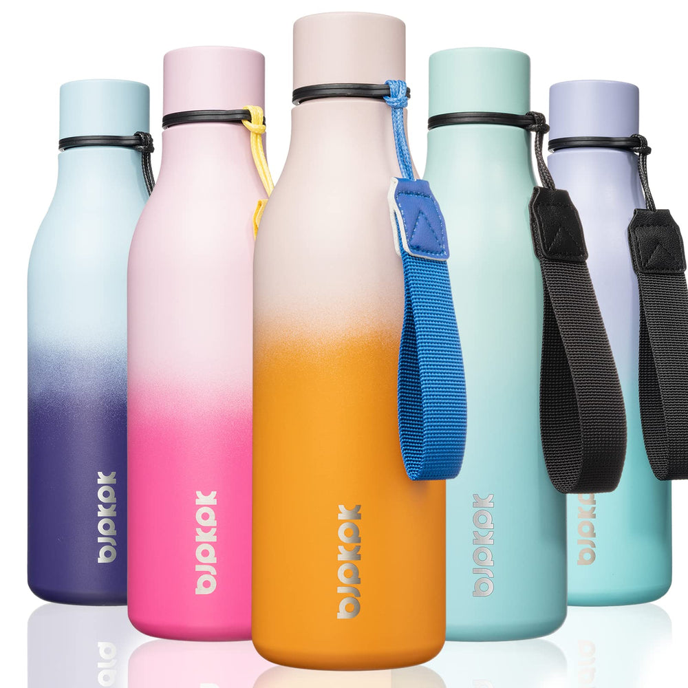 BJPKPK Insulated Water Bottles, 18 oz Stainless Steel Metal Water Bottle with Strap, BPA Free Leak Proof Jugs, Mugs, Flasks, Reusable Thermal Flasks for Sports & Travel, Orange