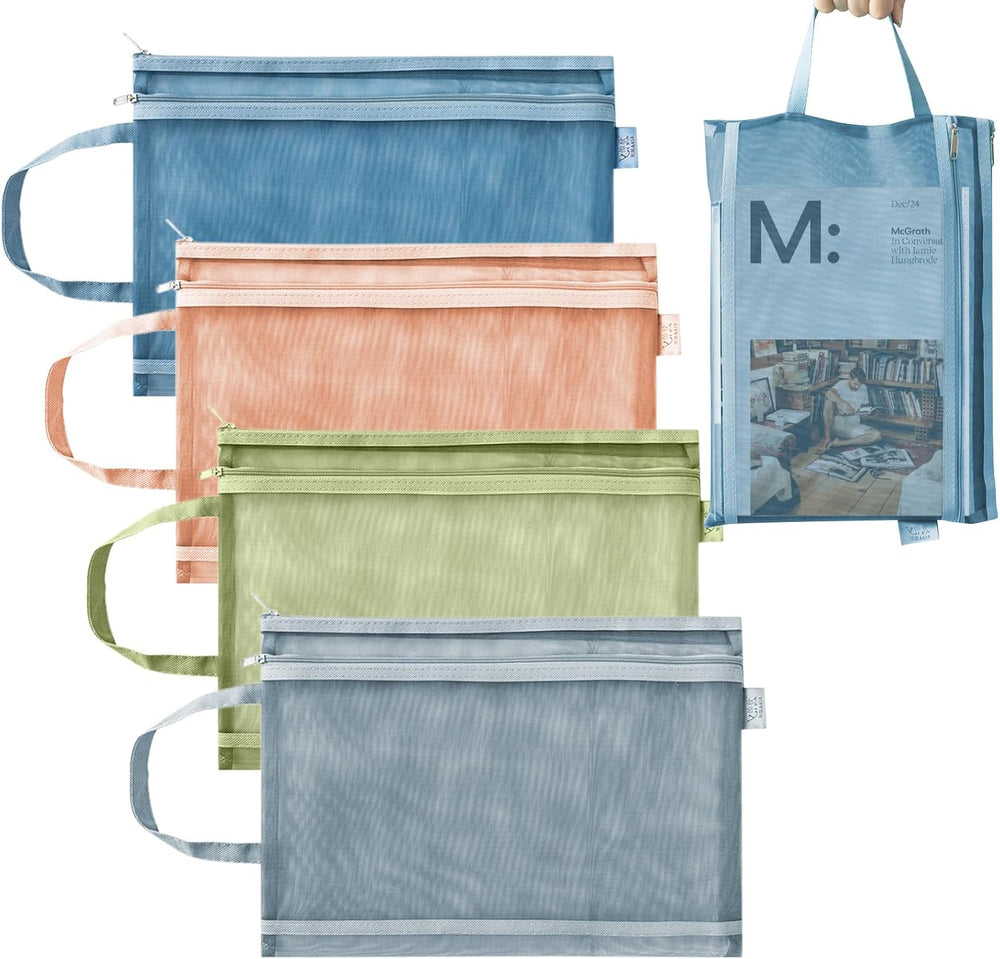 4 Pack Mesh Zipper Pouch with Handles, Nylon Document Bag Double Layer Transparent, Home Office Supplies Document Pouch Storage Bag (A4)