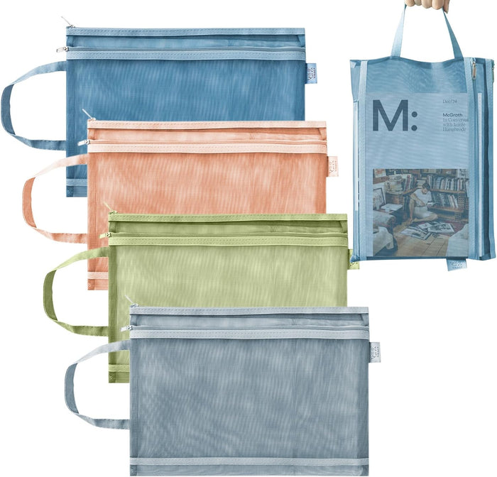 4 Pack Mesh Zipper Pouch with Handles, Nylon Document Bag Double Layer Transparent, Home Office Supplies Document Pouch Storage Bag (A4)