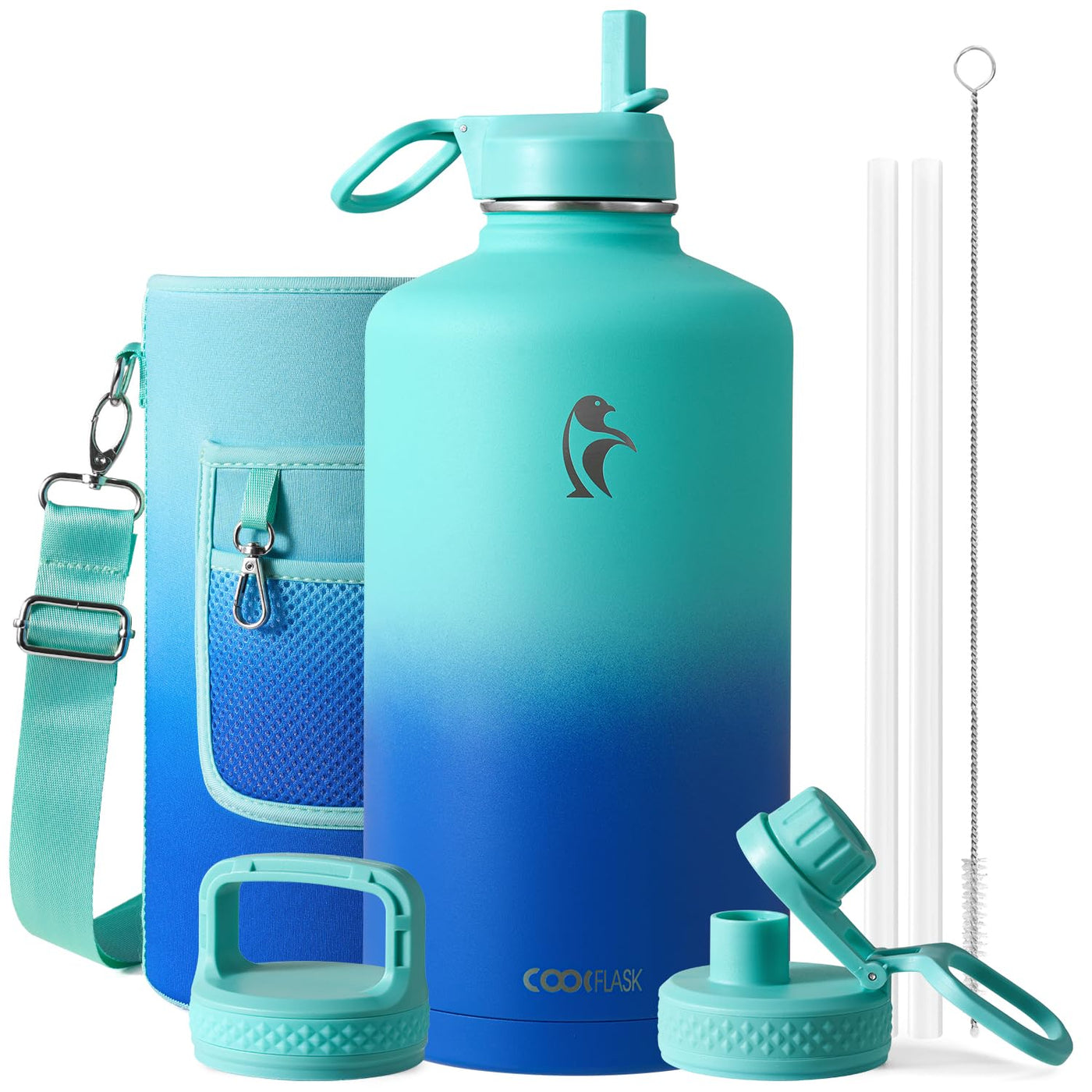 Water Bottle 40 oz Insulated with Straw&Brush, Coolflask Vaccum Stainless Steel Metal 3 Lids Water Flask for Sports, Gym or Office, Keep Cold 48H Hot 24H, Magic Black