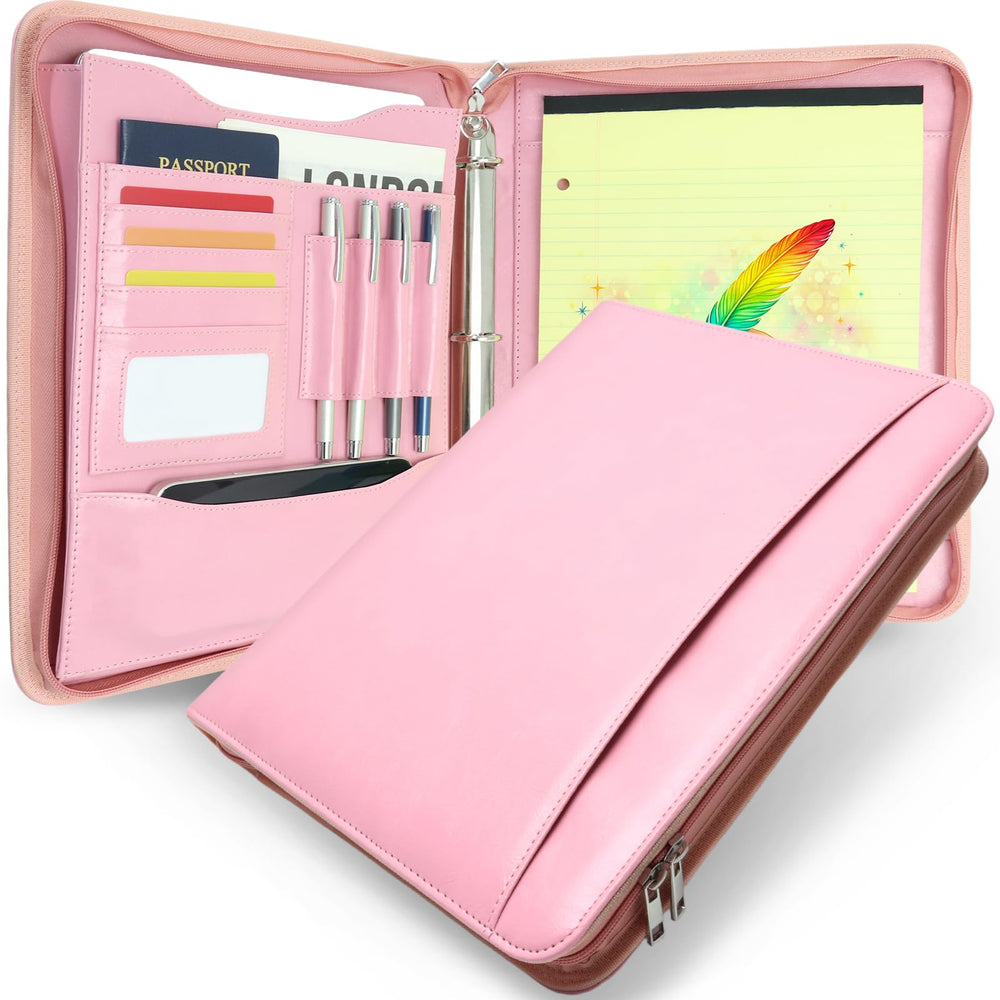Embossed Faux Leather Zippered Padfolio with 3 Ring Binder, Executive Portfolio Organizer Binder for Women, Fits 13.9" Laptop/Tablet, Refillable Writing Pad Pocket, Green