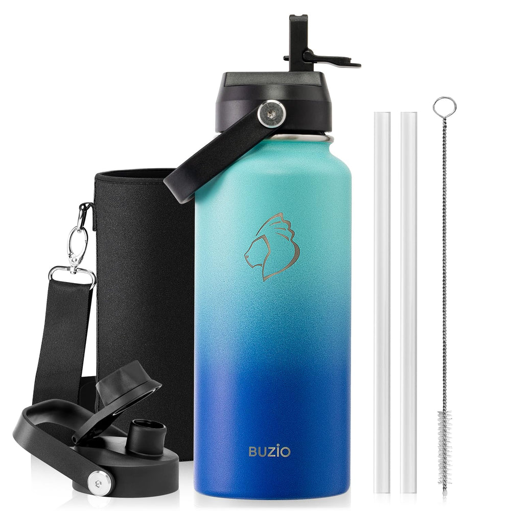 BUZIO 40oz Insulated Water Bottle, Triple Wall Vacuum Stainless Steel Water Flask with 2 lids, Lead-Free BPA-Free Straw Lid Sports Canteen Jug, Cold 48H & Hot 24H- Black