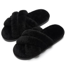 Evshine Women's Fuzzy Slippers Cross Band Memory Foam House Slippers Open Toe