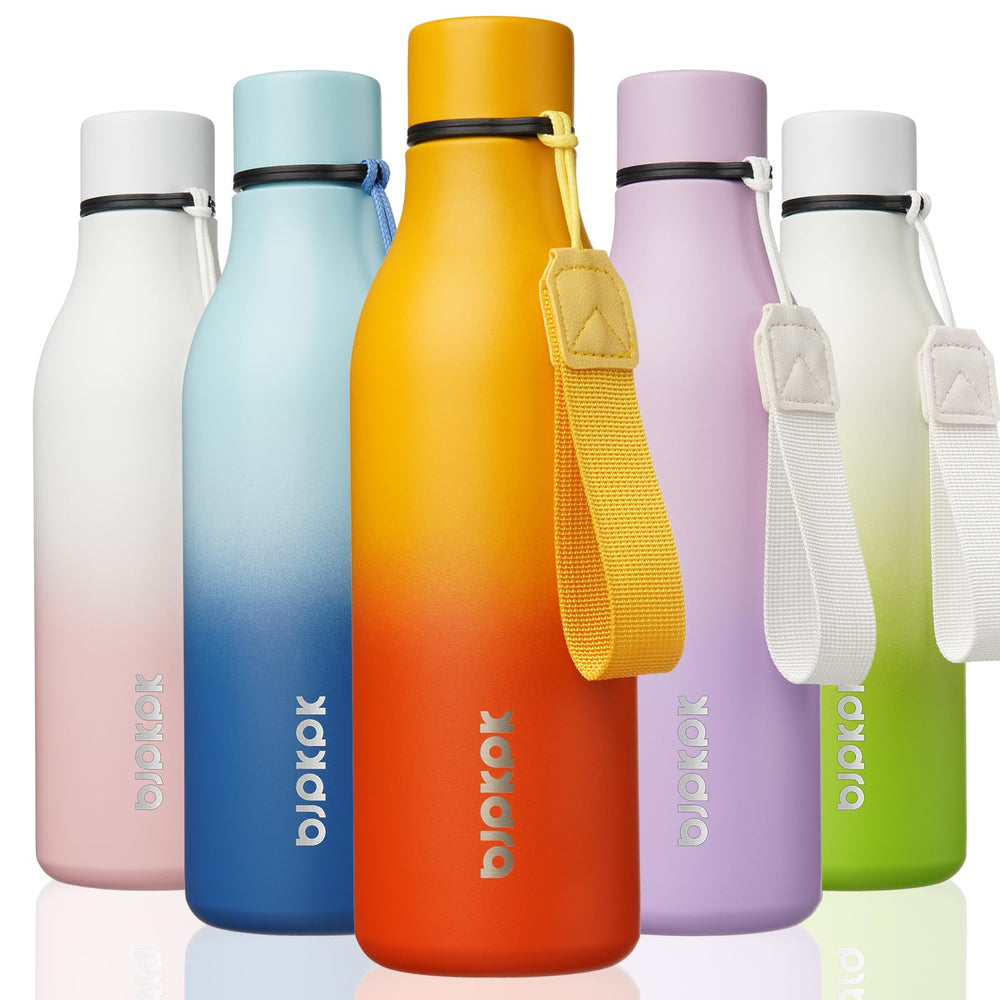 BJPKPK Insulated Water Bottles, 18 oz Stainless Steel Metal Water Bottle with Strap, BPA Free Leak Proof Jugs, Mugs, Flasks, Reusable Thermal Flasks for Sports & Travel, Orange