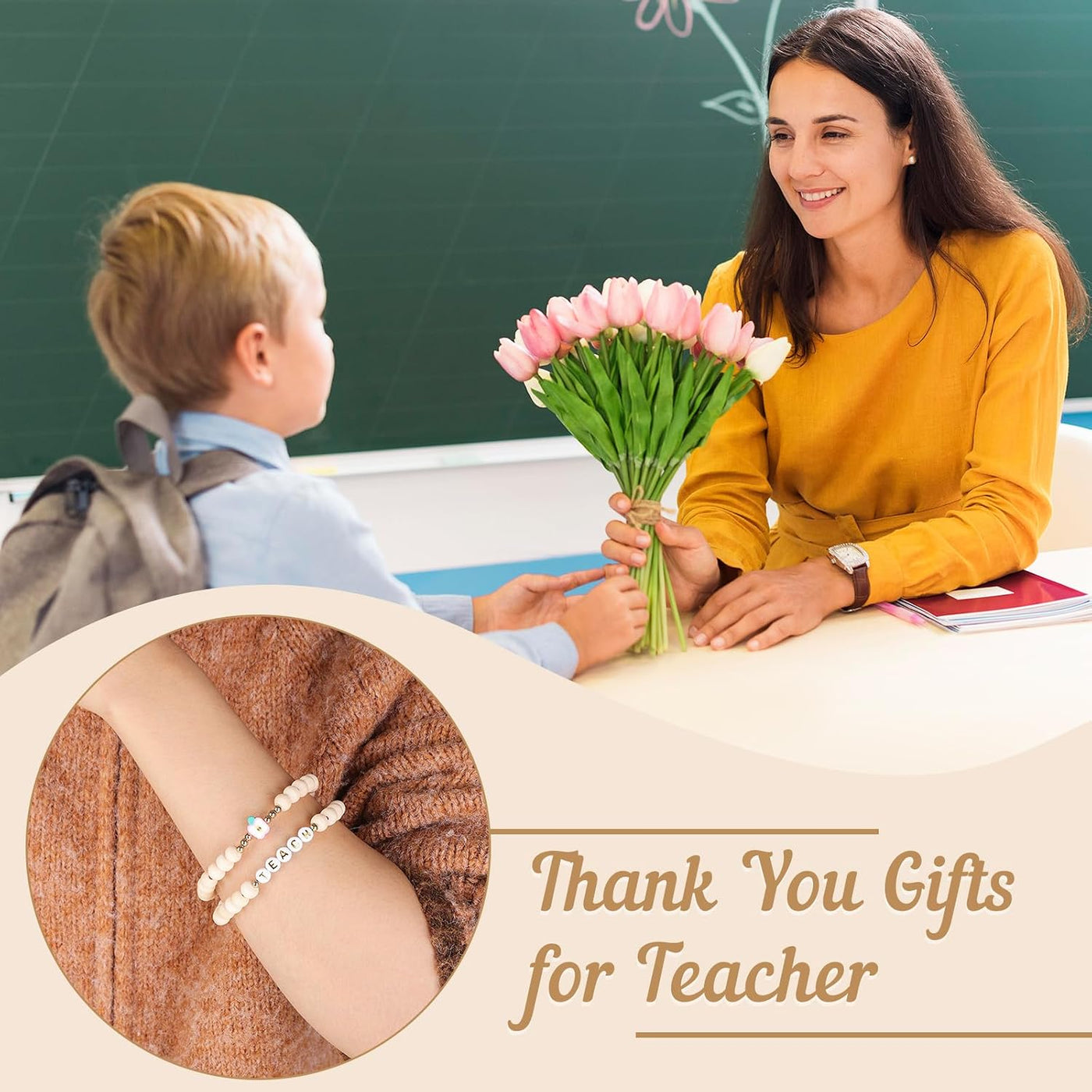 BESARME Teacher Appreciation Gifts, Teacher Gifts Teachers Bracelet with Wooden Beaded Teacher Lanyard Thank You Cards for Women