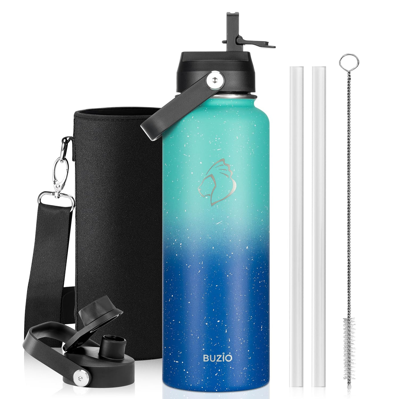 BUZIO 40oz Insulated Water Bottle, Triple Wall Vacuum Stainless Steel Water Flask with 2 lids, Lead-Free BPA-Free Straw Lid Sports Canteen Jug, Cold 48H & Hot 24H- Black