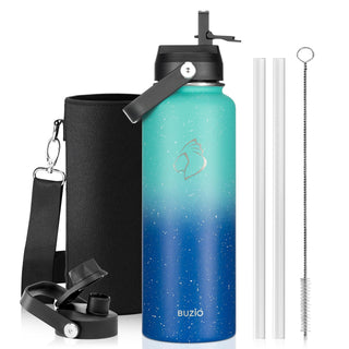 BUZIO 40oz Insulated Water Bottle, Triple Wall Vacuum Stainless Steel Water Flask with 2 lids, Lead-Free BPA-Free Straw Lid Sports Canteen Jug, Cold 48H & Hot 24H- Black