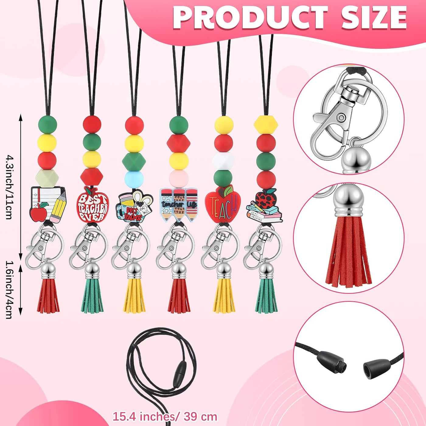 Misdary 6 Pcs Teacher Lanyards Cute Beaded Breakaway Clasp Retractable Badge Reel Lanyard Teacher Gift for ID Badges Holder Christmas Keychain Women(Apple Theme)