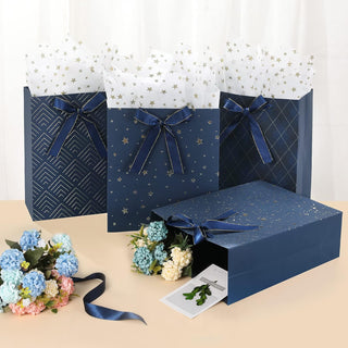 KomoLeay 4 Pack 9" Medium Size Gift Bags Assorted Premium Blue Gift Bags with Tissue Paper Use for Birthdays, Baby Shower,weddings,Party Favor, Holiday Presents-7" X 4" X 9"