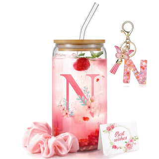 Personalized Initial Glass Cup Gift Set for Women, Custom Monogram Cup with Lid and Straw, Matching Keychain & Card, Bridesmaid or Birthday Gift for Women Friend Sister (Letter S)