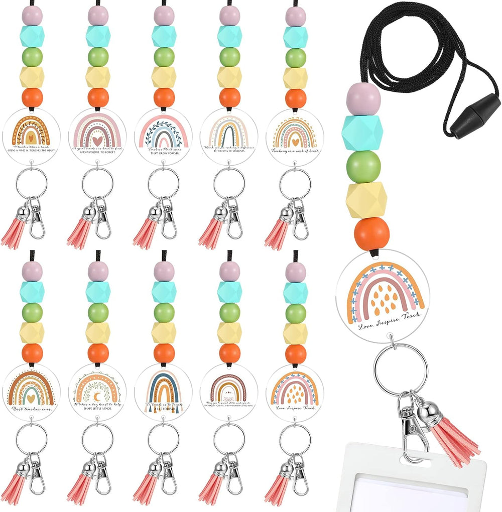 Roowest Graduation Gifts Teacher Lanyards for ID Badge Keys Colorful Rainbow Beaded Badge Lanyard for Women's Day Secretary Employee Appreciation