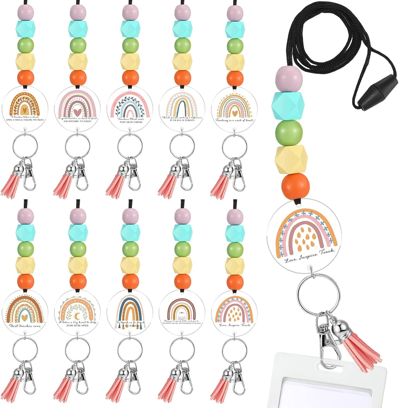 Roowest Graduation Gifts Teacher Lanyards for ID Badge Keys Colorful Rainbow Beaded Badge Lanyard for Women's Day Secretary Employee Appreciation